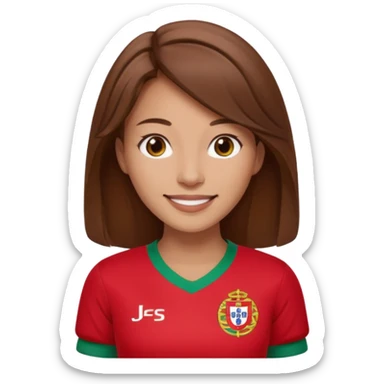 Une femme brune cheveux un peu long et qui a un maillot du portugal sticker