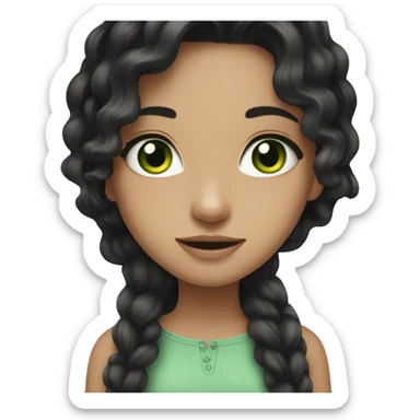  girl,Black hair,wavy hair，long hair,green eyes,almond  sticker