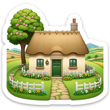 A countryside cottage with a thatched roof, wooden door, flowers around the house, green fields, peaceful rural scenery, natural lighting, detailed and realistic sticker