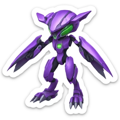 a purple-green Genesect-Raptor-Fakémon—hybrid with a futuristic visor-helmet full body sticker