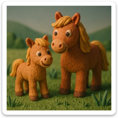 foal and mare together, cute and cheerful, detailed fur, in a grassy meadow, claymation style sticker