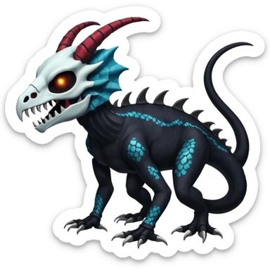 Shiny Dark Edgy  Duskull-Salandit-Inteleon-Amaura-Fakémon-hybrid-creature (full body) with a horned animal-skull-mask sticker