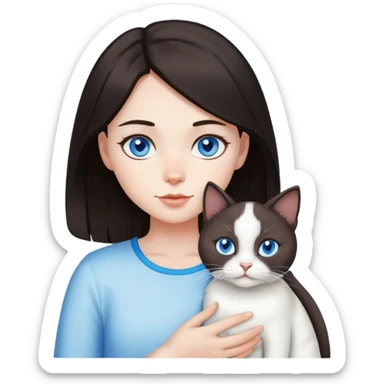 girl with blackish brown hair with white cat with blue eyes sticker