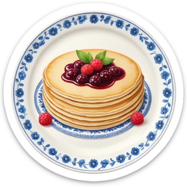 scandinavian round crepes with jam on white porcelain plate with blue floral vintage design sticker