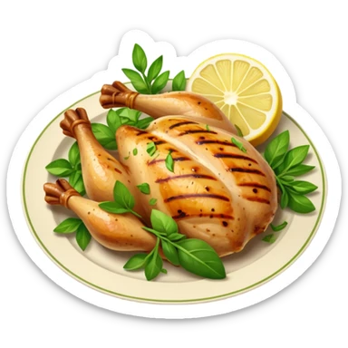 Draw a grilled chicken on a plate with herbs & lemon slices. sticker