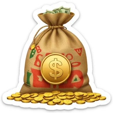 sack of money with a classic play icon (white triangle on dark circle) printed on it, no dollar sign, coins stacked beside sticker