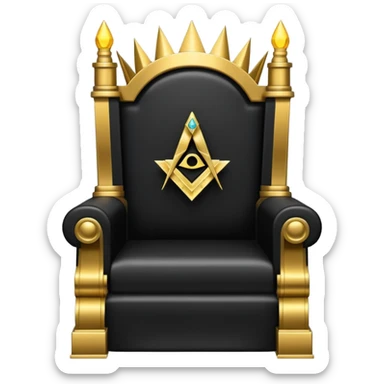 wide big iron black Illuminati throne with gold trim and glowing Illuminati symbol sticker