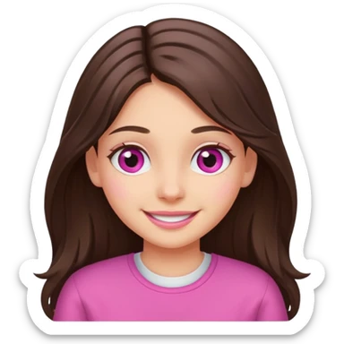 smiling long brunette hair girl with hazel eyes wearing pink writing sticker