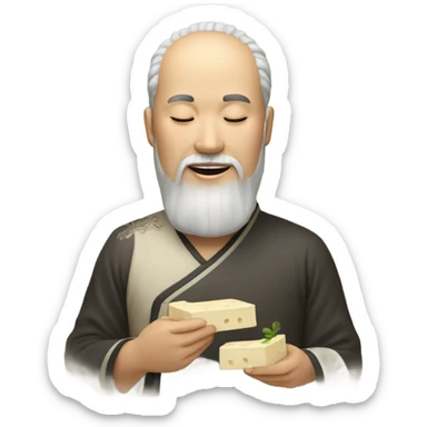 Chinese with closed eyes eating tofu and has twirly beard sticker