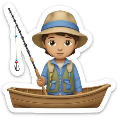 A single Little boy on a little boat fishing, felt texture, scrapbooking, precious moments style character sticker