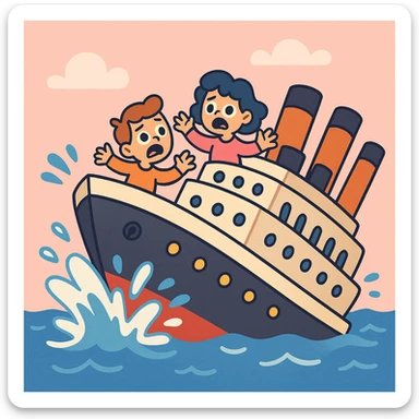 cartoon Titanic sinking with water splashes, cute style, rounded shapes sticker
