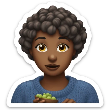 Brown girl with short hair bangs in a blue jumper eating blueberries sticker