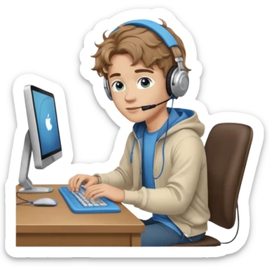 full length of a young man with wavy light brown hair and blue eyes. He is sitting at a desk typing on a computer while wearing headphones sticker
