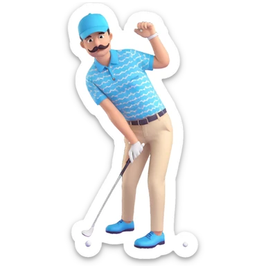 golf player with bold mustache, patterned shirt, golf cap, dynamic pose sticker