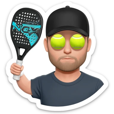 make a circular imogi of man with NOX padel bat with tennis balls as eyes and wearing a cap with black  top make circular sticker