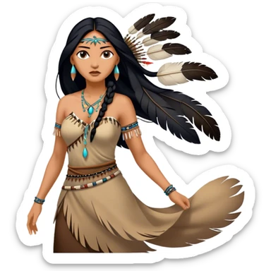 Cinematic Realistic Pocahontas Portrait, depicted with lifelike skin texture, soft natural lighting, and intricately detailed long, flowing raven-black hair that moves gracefully in the wind. Her deep, soulful dark brown eyes exude wisdom and strength, complemented by a serene yet powerful expression. She is dressed in her classic one-shoulder native american dress, with rich fabric textures and delicate beaded details that catch the light beautifully. The portrait features a soft, sun-kissed glow with a natural, radiant finish, capturing the essence of untamed beauty and deep connection to nature in a realistic and painterly style, evoking a sense of depth and authenticity. sticker