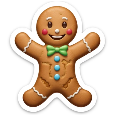 {
    "type": "object",
    "look": "gingerbread man, icing smile, cookie texture, front view",
    "description": "a cheerful gingerbread cookie shaped like a man, smiling with white icing details"
  } sticker