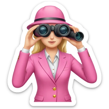 white female employee in pink suit using binoculars sticker