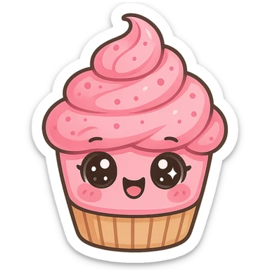 a cute pink cupcake, original design, big eyes, blushing cheeks, joyful sticker