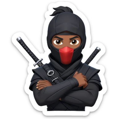 clash-of-clans-aesthetic_-cinematic-mysterious-male-ninja-portrait-emoji, rendered in a flat, vector-style with minimal shading and bold, simplified shapes, his arm is stretched out  with a head slightly turned revealing intense, focused eyes. the ninja has his arm out and perched on top of his forearm is  a black crow sticker