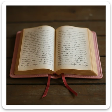 Change the leather cover of the diary to pink, diary open to a page with handwriting and a ribbon bookmark, realistic and detailed style. sticker