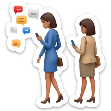 woman walking away from phone with multiple unread message notifications, dismissive expression, turning her back on conversation, phone showing several ignored texts, emotionally detached look sticker