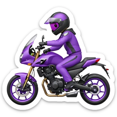 Créer un emoji avec une moto mt07 sport noir mate / violet iridescent très foncé, pare-brise de la moto violet. Avec une pilote dessus, visage masqué par la visière violette . Avec en arrière plan cercle violet. sticker