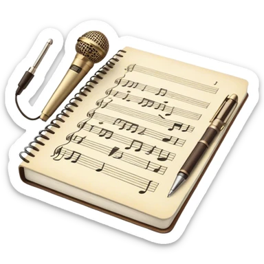 Create an emoji representing songwriting. The design should feature an open notebook or sheet music with visible lyrics between the musical notes, symbolizing the process of writing song lyrics. The text between the notes should be clearly visible. A pen or pencil should be placed near the notebook, indicating active writing. Optionally, include a single vintage microphone lying beside the notebook (not on the music notes) to add a creative touch. Use a harmonious color palette with warm and neutral tones. Do not include any emojis or smiley faces. Make the background transparent. sticker