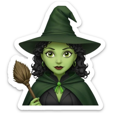 elphaba wicked witch with broom close up, evil dark curly hair, green skin, thick lips, cheekbones, smirk evil menacing cythia erivo dark aesthetic black hat cloak  sticker