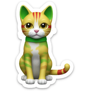 cat doll yellow head, Green right ear, Strip-pattern green white Left, Red body, Black right arm, Green Left arm sticker