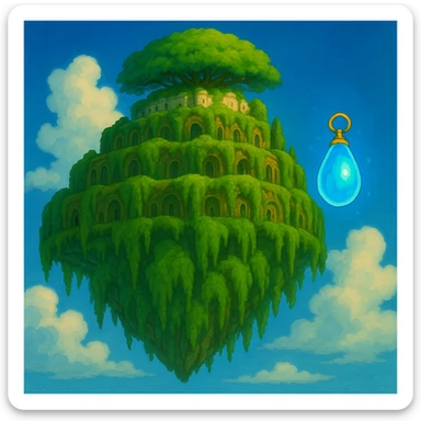 Add the princess's flying stone (levitation crystal) from 'Le Château dans le Ciel' to the scene, glowing and floating near Laputa, in the same Ghibli cartoon style. Do not include the princess. sticker