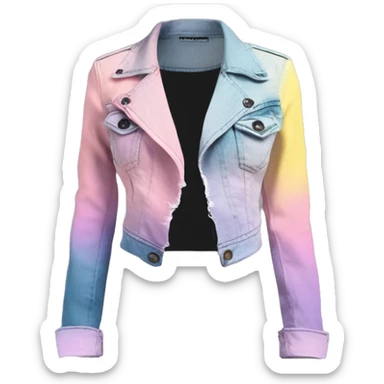 Realistic isolated side view of a pastel purple,dark turquoise ,pastel yellow and pastel pink ombre open military bolero fashion jacket with yellow cut out top underneath it and ripped denim jegging pants. sticker