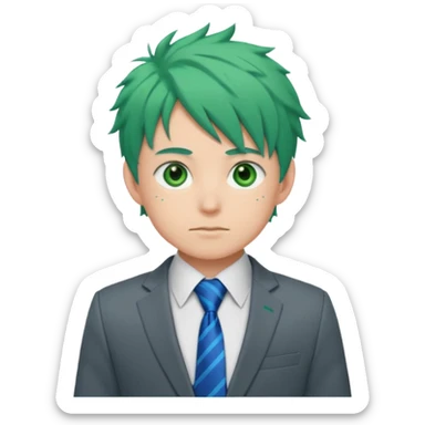 deku : boy anmie green hair green eyes in a ua gray jacket and blue tie suit with frenkles sticker