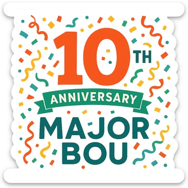 Celebratory 10th anniversary logo for Major Bou with confetti and a festive color palette sticker