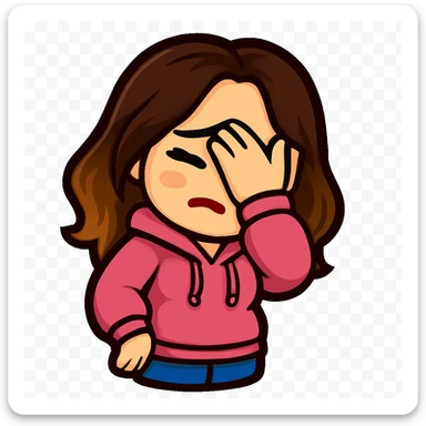 Sticker style chibi emote, matching the attached green heart emote as a base, but with a slightly skinnier body and a bigger chest. Woman from reference, pink hoodie and blue jeans, facepalming, cute embarrassed face, no headband, no wand, transparent background. Top color should not match jeans. sticker