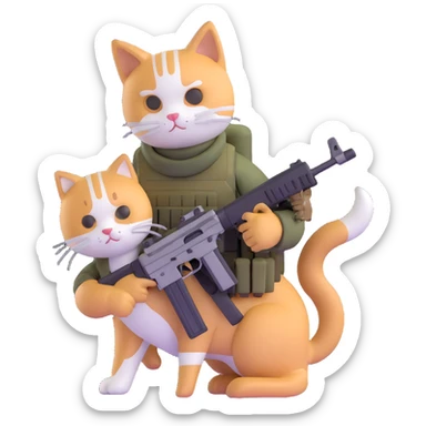 Man in tactical airsoft gear holding a gun in one hand and a white and brown cat in the other hand sticker