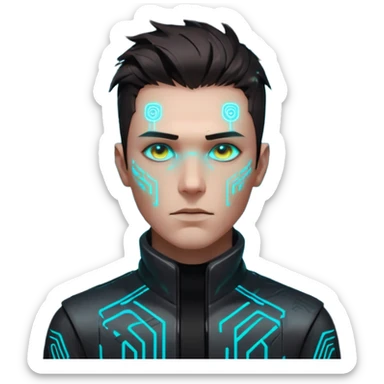 Cyberpunk male head, messy dark hair, glowing circuit patterns tracing from neck to temple, eyes reflecting shifting neon code, clean-shaven, futuristic minimalist aesthetic. sticker