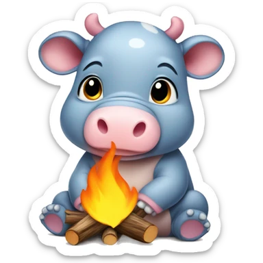 moo deng the baby hippo wearing a flannel by a campfire sticker