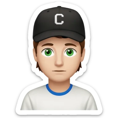 Brown hair man white tshirt black baseball hat green/blue eyes sticker