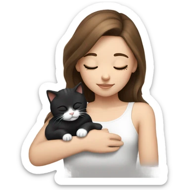 girl brown hair sleeping with black and white kitty sticker