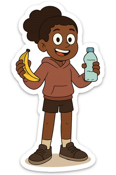 Change this image into a young fit and healthy black girl holding a banana and wearing shorts and a hooded jumper sticker