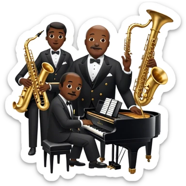 Icon for Jazz Music: Count Basie Orchestra, with Count Basie at the piano surrounded by jazz musicians playing instruments like saxophones, trumpets, and drums. Floating musical notes should capture the energetic and smooth vibe of big band jazz. Transparent background. sticker