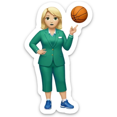 Full Body white plus size female basketball head coach with whistle  blonde hair past the shoulder length in a blue and green suit sticker