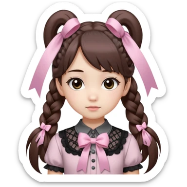 jirai kei, девушка с длинными прямыми темно каштановыми волосами и несколько розовых прядей по всей голове в разных местах, прическа два высоких хвоста заплетённые пушистыми белыми резинками. милое лицо. серо-розовая рубашка и чёрный бант, много кружев чёрного цвета sticker
