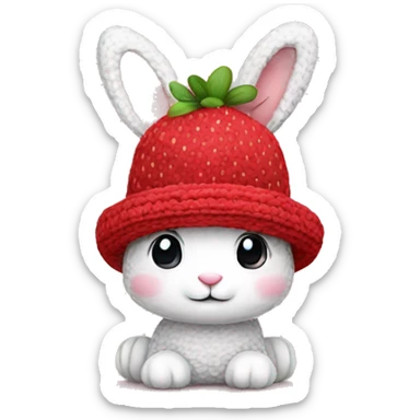 Cute rabbit wearing strawberry crochet hat sticker