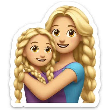 An emoji of a blonde mother with very long hair and a cheerful expression, standing next to her 3-year-old daughter, a small girl with black hair styled in two braids, both smiling happily together sticker