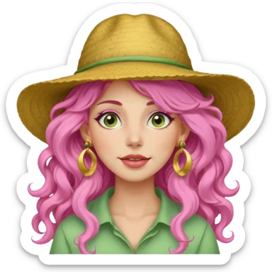 pink haired very long curly haired woman with full face light green clay mask  and big earrings and hat sticker