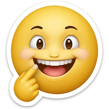 Quiero un personaje de una bolita de emoji amarilla con cara sonriente mordiéndose un dedo sticker