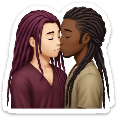 Dark Wine colored hair asian long hair, kissing young black guy with dreads sticker