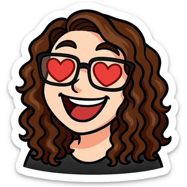 Create a Twitch emote of the person in the reference photo with glasses and curly hair in a bold and expressive style. The emote should show the person with heart eyes. Use a transparent background. sticker